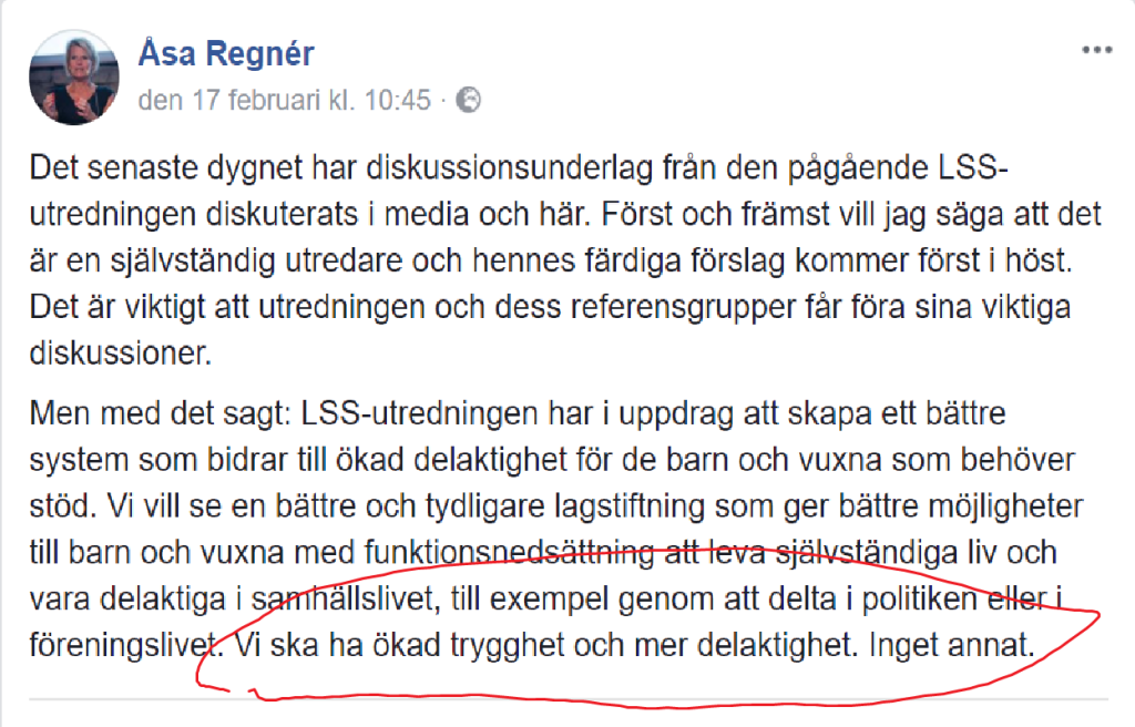 Ansvarig minister Åsa Regnérs facebook-sida 17 februari 2018.